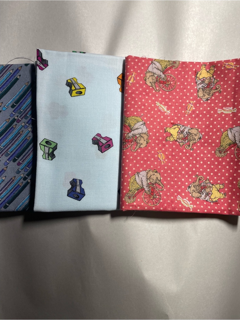 (3) 18 x 21" Fat Quarters  Novelty Elephants Pencils Sharpeners Cotton Fabric
